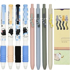 Maydahui 4 Pcs Retractable Cute Cat Tail Press Pens Black Ink and 4 Pcs Black Cat Rollerball Pens Erasable Blue Ink for Cat Lovers School Office Birthday Gifts