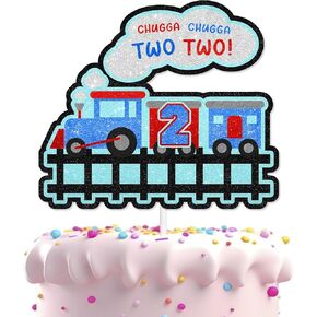 Chugga Two Cake Topper Train Theme Kids 2nd Birthday Happy Decoration, Boys and Girls Birthday Party, Baby Shower, Train Railway Track Transportation Party Steam Train Choo Choo Decoration