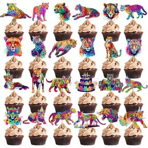 48 Pcs Cheetah Cake Topper - Neon Cupcake Toppers Cheetah Print Party Decorations Cheetah Birthday Decorations