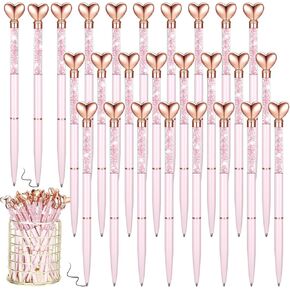 Hushee 24 Pcs Heart Shaped Pens Glitter Retractable Metal Ballpoint Pens with Black Ink Diamond Crystal Bridal Shower Gift for Office School Classroom Wedding Engagement(Pink)