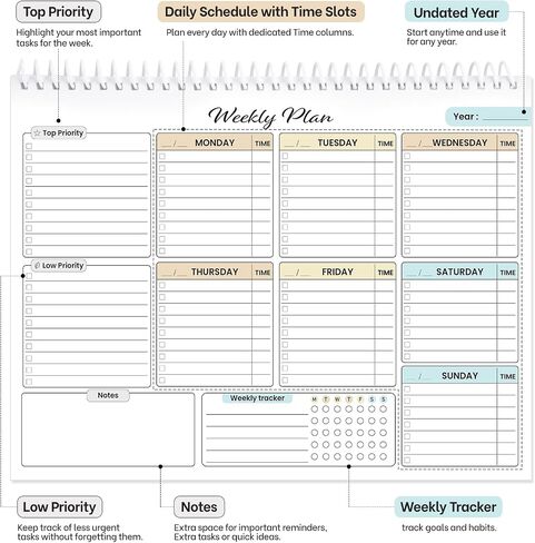 Weekly To-Do List Planner Notepad, 8.5" x 11" with 55 Undated Sheets, Premium Task Organizer Pad for Office & Home with Time Slots, Priority Sections, Notes & Habit Tracker – Desk Planner for Men & Women in Saudi Arabia