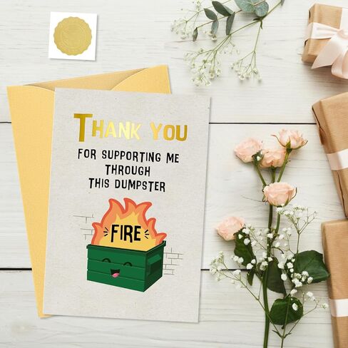 بطاقة Funny Thank You Card - Dumpster Fire Design Artituder Getting Card for Friends ، أو مغادرة زميل في العمل ، أو وداعًا ، أو لمجرد هدية (5.5 × 8 بوصة ، رقائق ذهبية ، مغلف) in Kuwait