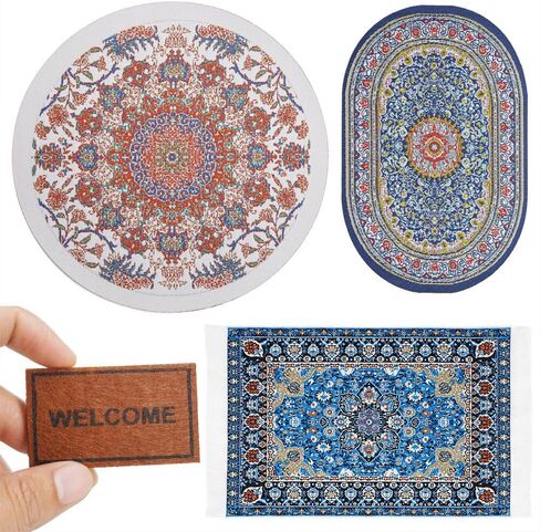 Odoria Dollhouse Area Rug Miniature - 1/12 Scale Entry Accent Rug Round Oriental for Vintage Living Room Kitchen - Mini Welcome Doormat - Tiny Carpet Oval Floral Rose Red in Kuwait
