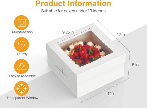 Kootek 15pcs Cake Boxes, 12x12x8 Inches Tall Cake Box with Window, White Bakery Boxes, Large Baking Boxes, Square Cardboard Cake Box for Multi-Layer Cakes, Cake Decorating Supplies for Gift Giving in Kuwait