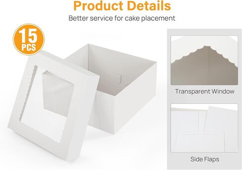 Kootek 15pcs Cake Boxes, 12x12x8 Inches Tall Cake Box with Window, White Bakery Boxes, Large Baking Boxes, Square Cardboard Cake Box for Multi-Layer Cakes, Cake Decorating Supplies for Gift Giving in Kuwait