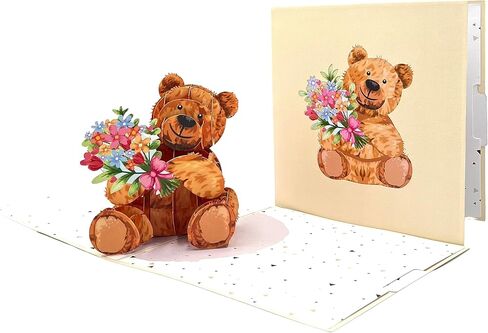 Pop Up Greeting Card Teddy Bear Hold Bouquet Flower Gift Cartoon Animals Flower Birthday Thank You Present for Kid Mom Dad Family Friend Holiday in Saudi Arabia