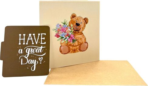 Pop Up Greeting Card Teddy Bear Hold Bouquet Flower Gift Cartoon Animals Flower Birthday Thank You Present for Kid Mom Dad Family Friend Holiday in Saudi Arabia