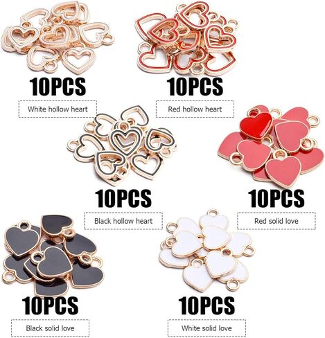 Aylifu Heart Charm Pendant,60pcs Gold Plated Enamel Red White Black Hollow Heart Charms Pendants Jewellery Making Findings for Necklace Bracelet Crafting DIY,10x12mm in Saudi Arabia