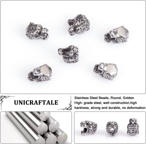 UNICRAFTALE 6pcs 12mm Lion Head Beads Stainless Steel Loose Beads 1.2mm Hole Bead Findings Antique Silver Animal Head Bead for DIY Bracelets Necklaces Jewelry Making in Saudi Arabia