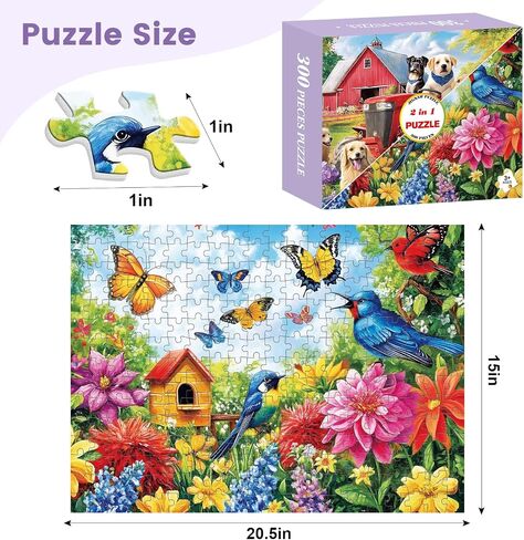 2-Pack 300 Pieces Puzzles for Kids, Farm Dog Puzzles 300 Pieces Spring Flowers Birds Jigsaw Puzzle for Adults, Large Piece Puzzle, Puzzle Toys for Boys and Girls, Family Activity Game Nights Gifts in Kuwait