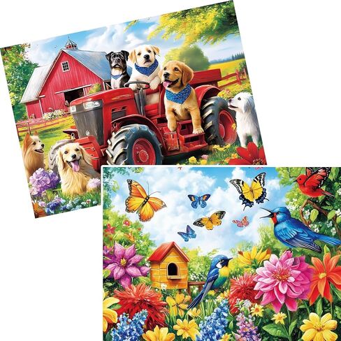 2-Pack 300 Pieces Puzzles for Kids, Farm Dog Puzzles 300 Pieces Spring Flowers Birds Jigsaw Puzzle for Adults, Large Piece Puzzle, Puzzle Toys for Boys and Girls, Family Activity Game Nights Gifts in Kuwait