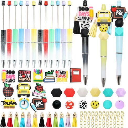 12 Pcs Beadable Pens Kit with 72 Pcs Multicolor Beads 12 Pendants Black Ink Ballpoint DIY Making Bead Pen Set for Women Kids Students School Nurse (Mermaid) in Kuwait