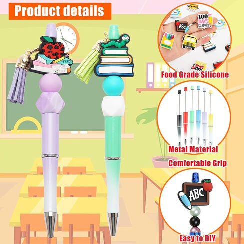 12 Pcs Beadable Pens Kit with 72 Pcs Multicolor Beads 12 Pendants Black Ink Ballpoint DIY Making Bead Pen Set for Women Kids Students School Nurse (Mermaid) in Kuwait