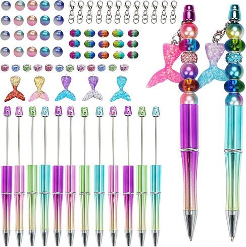 12 Pcs Beadable Pens Kit with 72 Pcs Multicolor Beads 12 Pendants Black Ink Ballpoint DIY Making Bead Pen Set for Women Kids Students School Nurse (Mermaid) in Kuwait