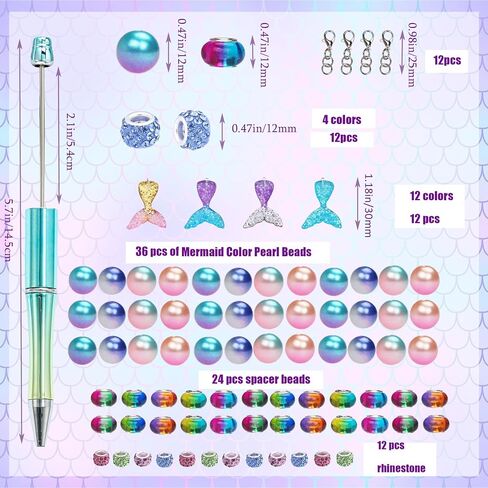 12 Pcs Beadable Pens Kit with 72 Pcs Multicolor Beads 12 Pendants Black Ink Ballpoint DIY Making Bead Pen Set for Women Kids Students School Nurse (Mermaid) in Kuwait