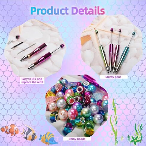 12 Pcs Beadable Pens Kit with 72 Pcs Multicolor Beads 12 Pendants Black Ink Ballpoint DIY Making Bead Pen Set for Women Kids Students School Nurse (Mermaid) in Kuwait