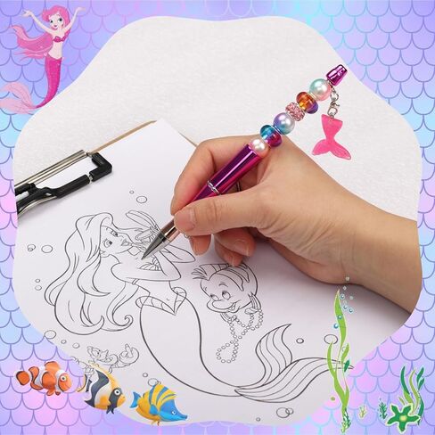 12 Pcs Beadable Pens Kit with 72 Pcs Multicolor Beads 12 Pendants Black Ink Ballpoint DIY Making Bead Pen Set for Women Kids Students School Nurse (Mermaid) in Kuwait