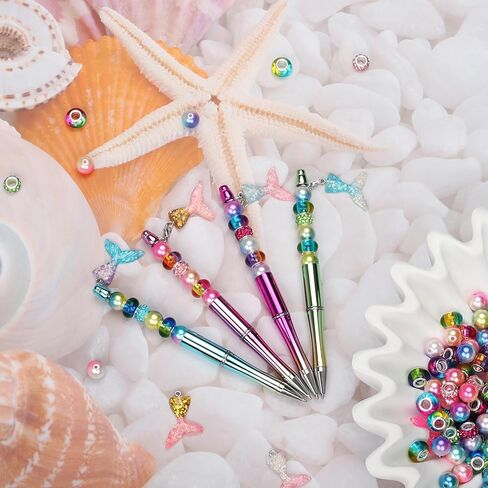 12 Pcs Beadable Pens Kit with 72 Pcs Multicolor Beads 12 Pendants Black Ink Ballpoint DIY Making Bead Pen Set for Women Kids Students School Nurse (Mermaid) in Kuwait