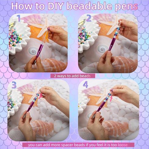 12 Pcs Beadable Pens Kit with 72 Pcs Multicolor Beads 12 Pendants Black Ink Ballpoint DIY Making Bead Pen Set for Women Kids Students School Nurse (Mermaid) in Kuwait