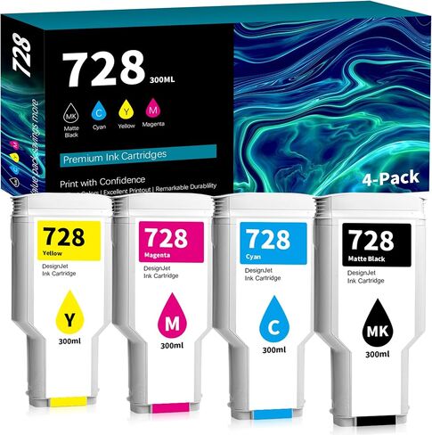 728 Ink Cartridges (4 X 300ml, Matte Black/Cyan/Magenta/Yellow), 728 Ink Cartridge Combo Pack F9J68A F9K17A F9K16A F9K15A Replacement for HP DesignJet T830 MFP & T730 Large Format Plotter Printer in Saudi Arabia