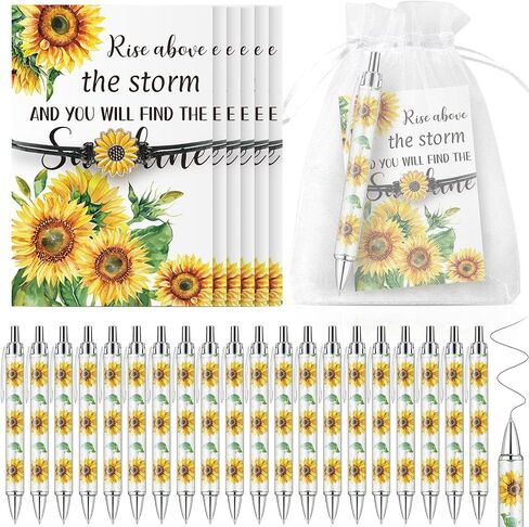 24 Sets Sunflower Gifts Bracelets Ballpoint Pens Bulk Sunflower Yellow Floral Theme Retractable Pens with Information Card Organza Bags for Women Men Office School Party Favors Supplies in Saudi Arabia