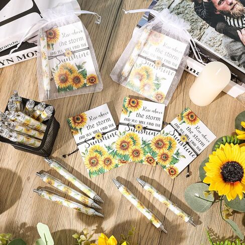 24 Sets Sunflower Gifts Bracelets Ballpoint Pens Bulk Sunflower Yellow Floral Theme Retractable Pens with Information Card Organza Bags for Women Men Office School Party Favors Supplies in Saudi Arabia