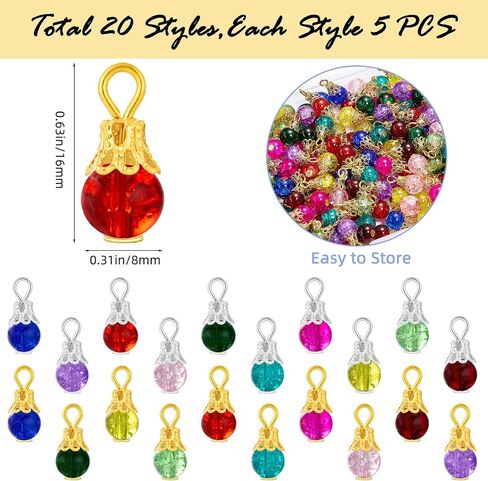 100/200Pcs Crystal Dangle Charms for Jewelry Making Bulk Small Cute Charms Transparent Glass Beads Pendants with Silver Gold Caps for Earring Necklace Bracelet DIY Supplies in Saudi Arabia