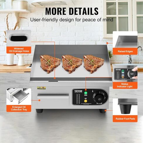 VEVOR Commercial Electric Griddle, 2800W Countertop Half-Flat Top Grill, 122℉-572℉ Adjustable Temp, 28.74x15.75x0.39in Stainless Steel Griddle Grill with 2 Shovels and 2 Brushes for Home or Restaurant in Saudi Arabia