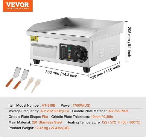 VEVOR Commercial Electric Griddle, 2800W Countertop Half-Flat Top Grill, 122℉-572℉ Adjustable Temp, 28.74x15.75x0.39in Stainless Steel Griddle Grill with 2 Shovels and 2 Brushes for Home or Restaurant in Saudi Arabia