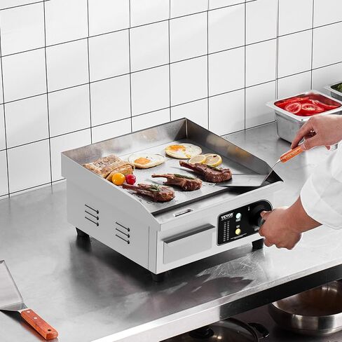 VEVOR Commercial Electric Griddle, 2800W Countertop Half-Flat Top Grill, 122℉-572℉ Adjustable Temp, 28.74x15.75x0.39in Stainless Steel Griddle Grill with 2 Shovels and 2 Brushes for Home or Restaurant in Saudi Arabia