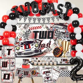 Two Fast Birthday Decorations, 125 Pcs Race Car Second 2nd Birthday Party Supplies for Boys Baby - Banner, Cake Toppers, Balloons, Tablecloth, Centerpieces, Crown, Poster, Baby Boxes