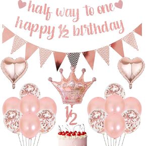 في منتصف الطريق إلى لافتات واحدة - 21 PCS Rose Gold 6 أشهر زخارف عيد ميلاد الفتيات Happy 1/2 Banner Banner Cake Topper Heart Phoil Balloons Latex Parex for Baby Shower Girls Party Supplies