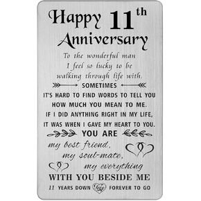 TANWIH 11th Anniversary Card for Wife - 11 Years Down Forever to Go - 11 Year Wedding Anniversary Card Gifts for Her Women Steel, Engraved Metal Wallet Card