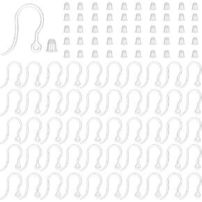 50pcs Clear Plastic Earring Hooks Ear Wire Anti Allergy Hooks and 50pcs Transparent Earring Stoppers Earrings Findings for DIY Earrings Making