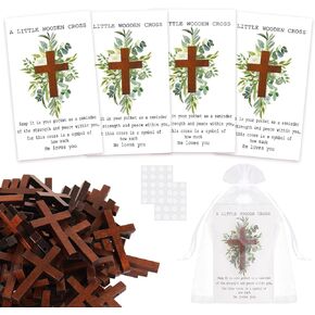60 Sets Pocket Hug Token Gift Eucalyptus Leaf Greeting Cards with Mini Wooden Cross Organza Bags for Christian Wedding Favors Memorial Keepsake
