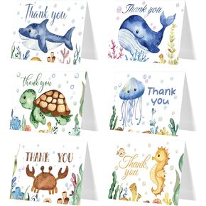 24 Sets Under the Sea Thank You Cards with Envelopes Whale, Shark and Turtle Thank You Notes Ocean Watercolor Baby Sea Animal Greeting Cards for Birthdays Baby Shower Wedding Kids