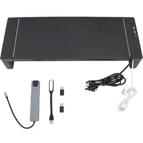 Multi Functional Monitor Stand Riser with 8 in 1 Hub, Phone Holder Drawer, 25KG Bearing Capacity, Ergonomic Design for Visual Comfort and Fast Charging Ports