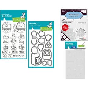 Lawn Fawn Spring Basket Clear Stamps 4x6 inch, Matching Dies, Coloring Stencils, Scrapbook Adhesives Foam Squares Bundle of 4 Items