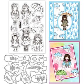GLOBLELAND Rain Lady Clear Stamp and Cutting Dies Set for Card Making Women Umbrella Silicone Clear Stamp Metal Rain Boots Die Cuts for DIY Scrapbooking Photo Album Decorative