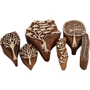 Wooden Textile Printing Blocks - 4 Tree Stamps + 2 Leaf Border Blocks - Hand Carved Wood Block Printing Stamps for Fabric, Clay, Paper, DIY Crafting, Textile Art, Scrapbooking