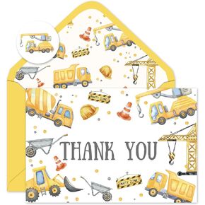 24 Pack Construction Thank You Cards Dump Truck Digger Excavator Note Cards with Envelopes Stickers Watercolor Yellow Gray Greeting Blank Card for Birthday Baby Shower