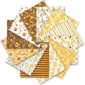 Whaline 12Pcs Summer Cotton Fabric Bundles Watercolor Bee Honeycomb Sunflower Fat Quarters Bee Day Quilting Patchwork Squares for DIY Handmade Craft Decor, 18 x 22 Inch