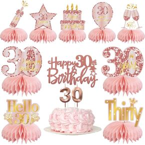 30th Birthday Decorations for Women, 12Pcs Pink Rose Gold Thirty Years Old Birthday Table Centerpieces Decorations with Number Candles, Cake Toppers Set, 30th Birthday Gifts for Women