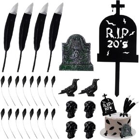 28 Pack Rip 20s Cake Toppers Decorations Gothic Theme Death to My 20s Cake Skull Crow Tombstone Feather Decorations for Funeral Happy Youth 30th Birthday Rip Twenties Party Supplies