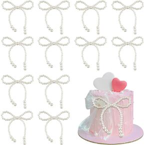 Pearl Bow Cake Toppers 12 Pcs Pearl Bows Cake Decorations Bowknot Cupcake Toppers Bow Dots Bachelorette Birthday Cakes Decoration for Baby Shower Wedding Princess Themed Party Decoration Supplies