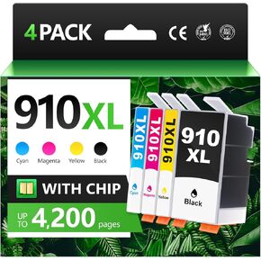 910XL High Yield Ink Cartridges with Chip Combo 4-Pack Black Tricolor - Replacement for HP Ink 910 - Use for OfficeJet 8010 8012 8014 8015 8018 8022 OfficeJet Pro 8020 8024 8025 8028 8035 Printer