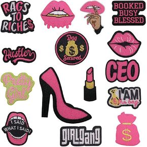 Pretty Girl Patches Embroidered Month Lipstick Purse Iron on Patch Sunflower Heart Star Butterfly Smile Lightning Sew on Applique DIY Clothing Jackets Hat Bag Jeans Backpack Craft (Style 1 (15pcs))