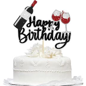 Red Wine Happy Birthday Cake Topper - Black Glitter Wine Cup Cake Decoration for Red Wine Themed Birthday Parties, Suitable for Men & Women