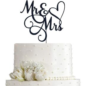 Black Glitter Mr & Mrs Cake Topper - Wedding, Engagement, Wedding Anniversary Cake Toppers Decorations