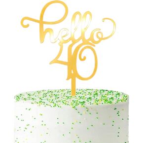 Hello 40 Cake Topper, Acrylic Gold Glitter 40th Birthday Cake Decor, Anniversary Party Supplies for Celebrations